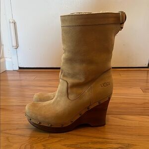 UGG Tan Heeled Boots with Suede Material and Mid-Calf Height
